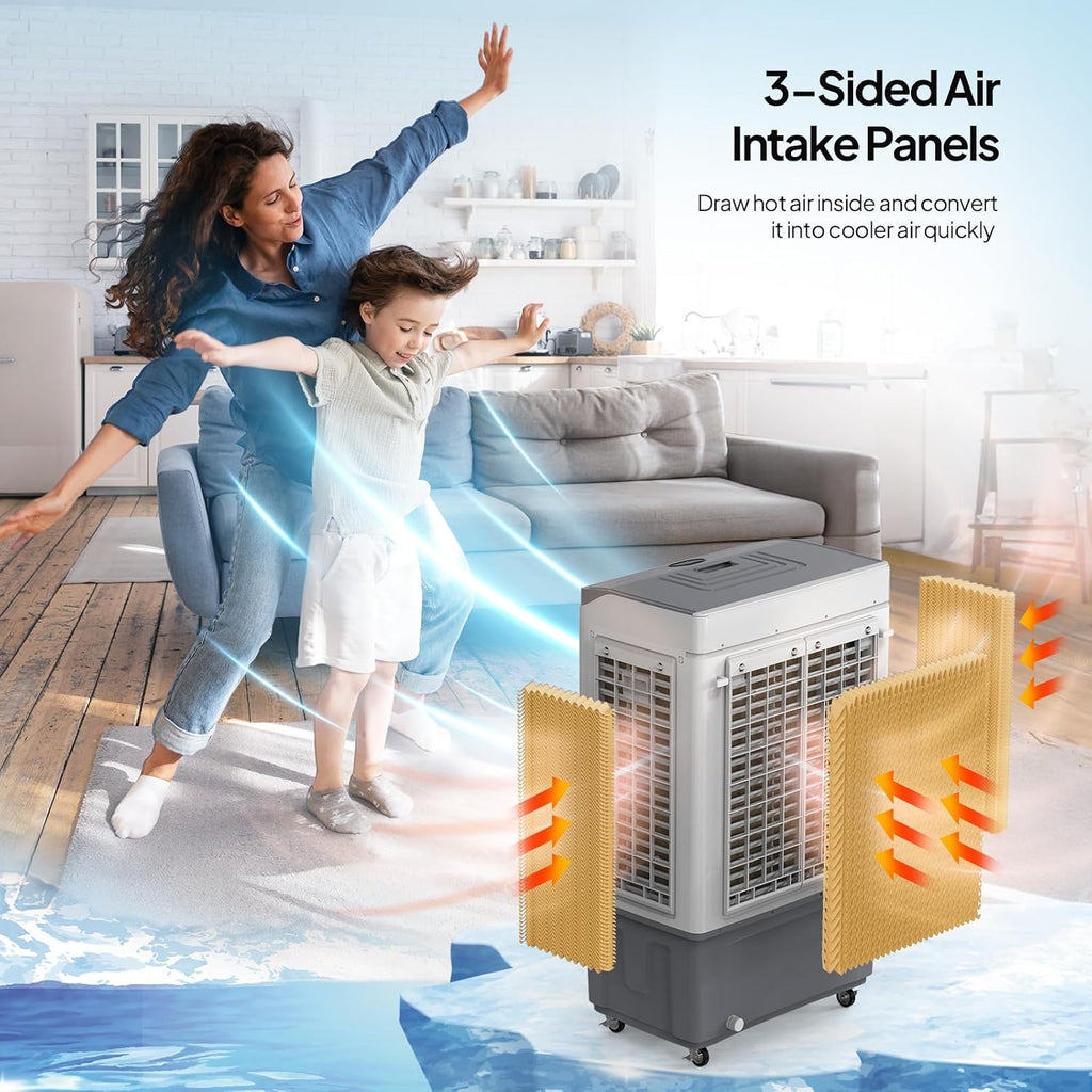 ROVSUN 2900CFM Portable Air Cooler, 15.8Gal/60L Evaporative Swamp Cooler, 3-IN-1 Cooling Fan with Water Connected, Remote Control, 3 Speeds, 12H Timer & 4 Ice Box, Humidifying Oscillating Fan