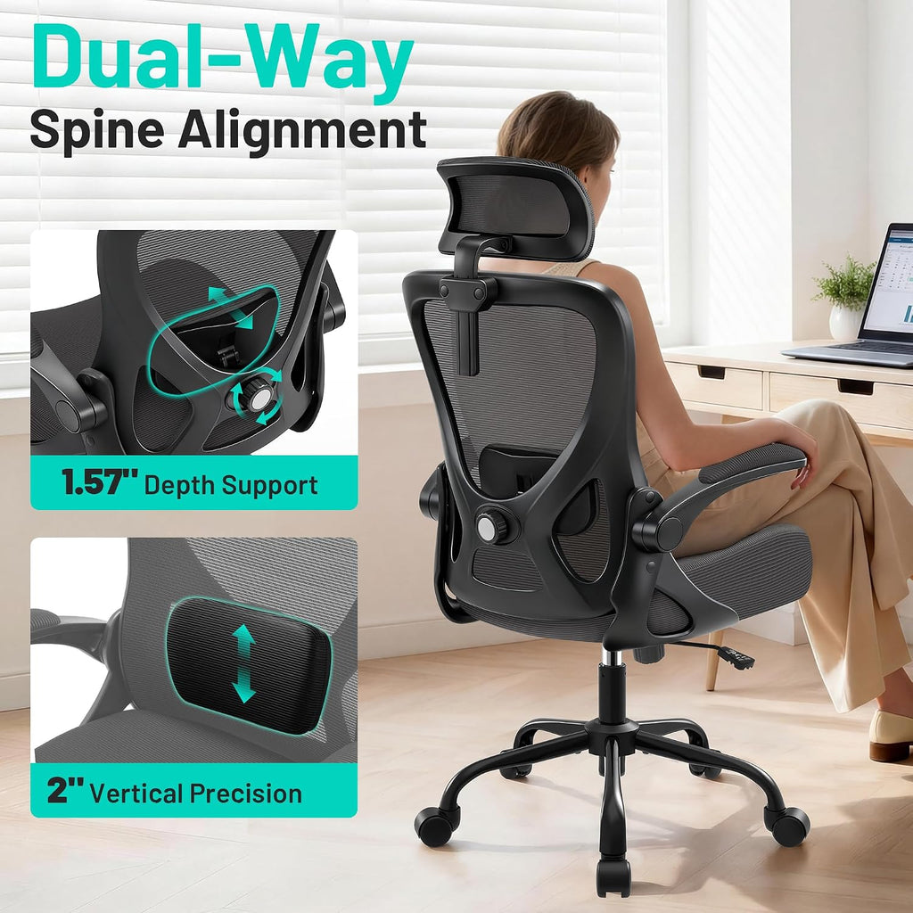 AreShark Office Chair - Ergonomic Desk Chair Breathable Mesh Chair with 2D Headrest & Adjustable Lumbar Support - Executive High Back Rolling Swivel Computer Gaming Chair with Wheels Flip-up Armrests