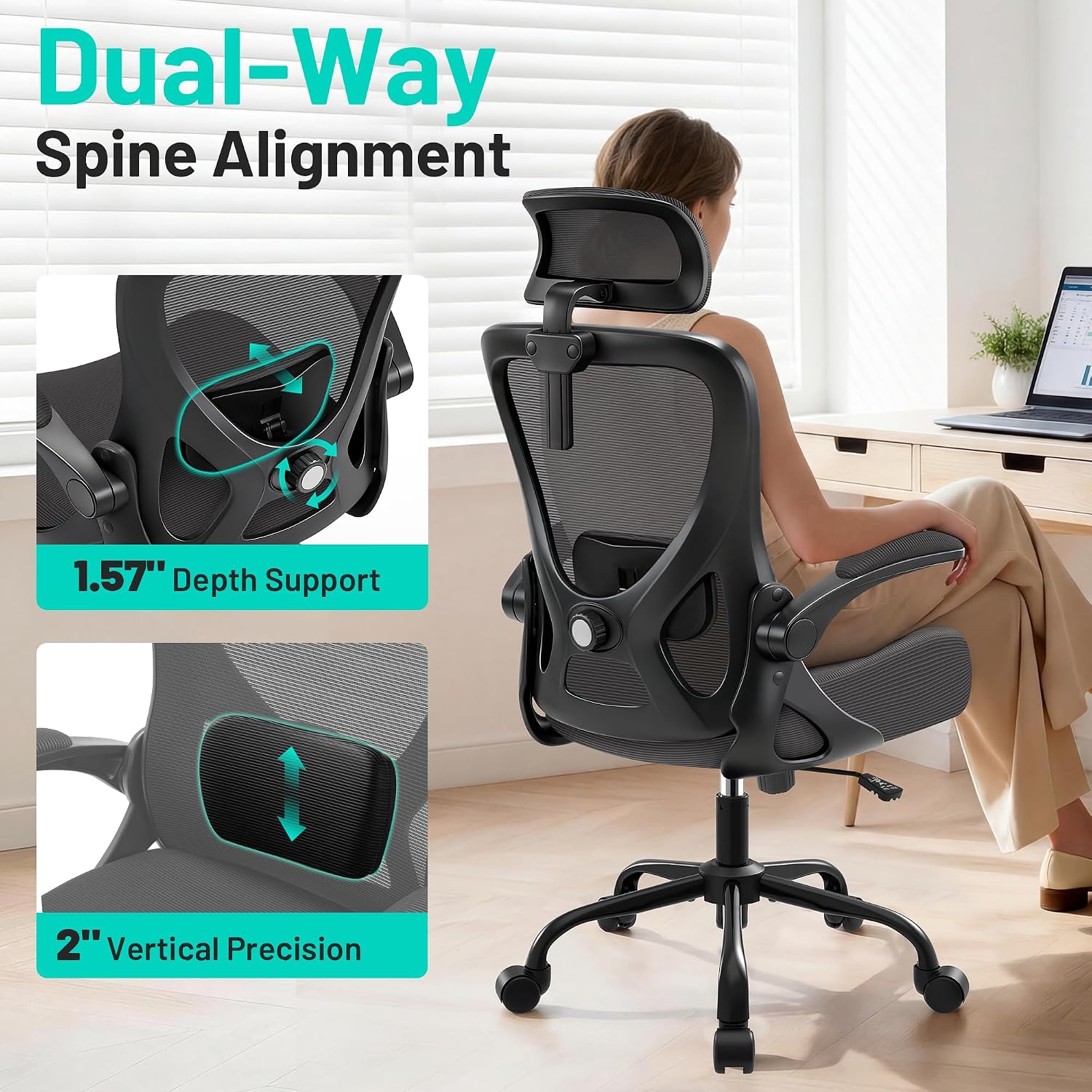 AreShark Office Chair - Ergonomic Desk Chair Breathable Mesh Chair with 2D Headrest & Adjustable Lumbar Support - Executive High Back Rolling Swivel Computer Gaming Chair with Wheels Flip-up Armrests