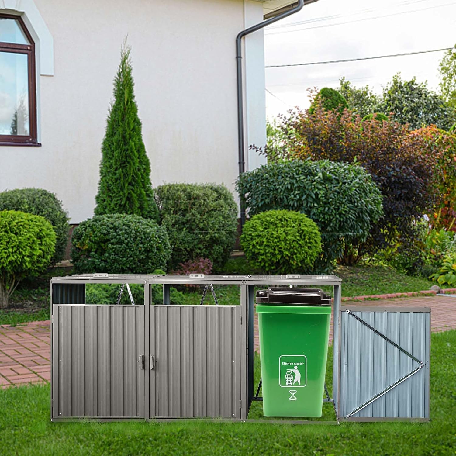 Outdoor Garbage Bin Storage Shed, Steel Trash Can Storage with Lockable Doors & Lids for 3 Trash Cans, Metal Garbage Can Hider for Outside Garden Yard Backyard Patio (3 Trash Can+Grey)