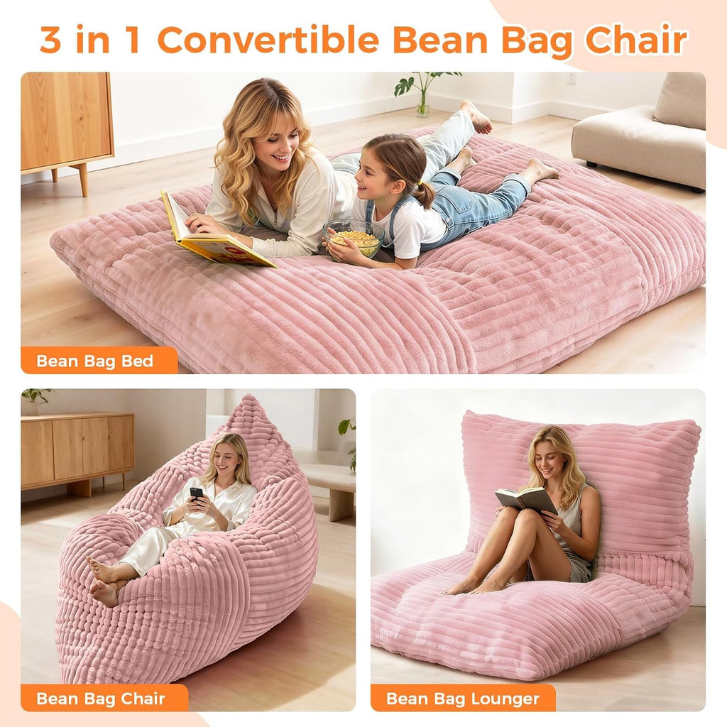3 in 1 Giant Bean Bag Chair, Convertible Bean Bag Bed for Adults and Kids, Oversized Comfy Memory Foam Floor Sofa with Machine Washable Cover for Living Room, Bedroom & Dorm(Pink)