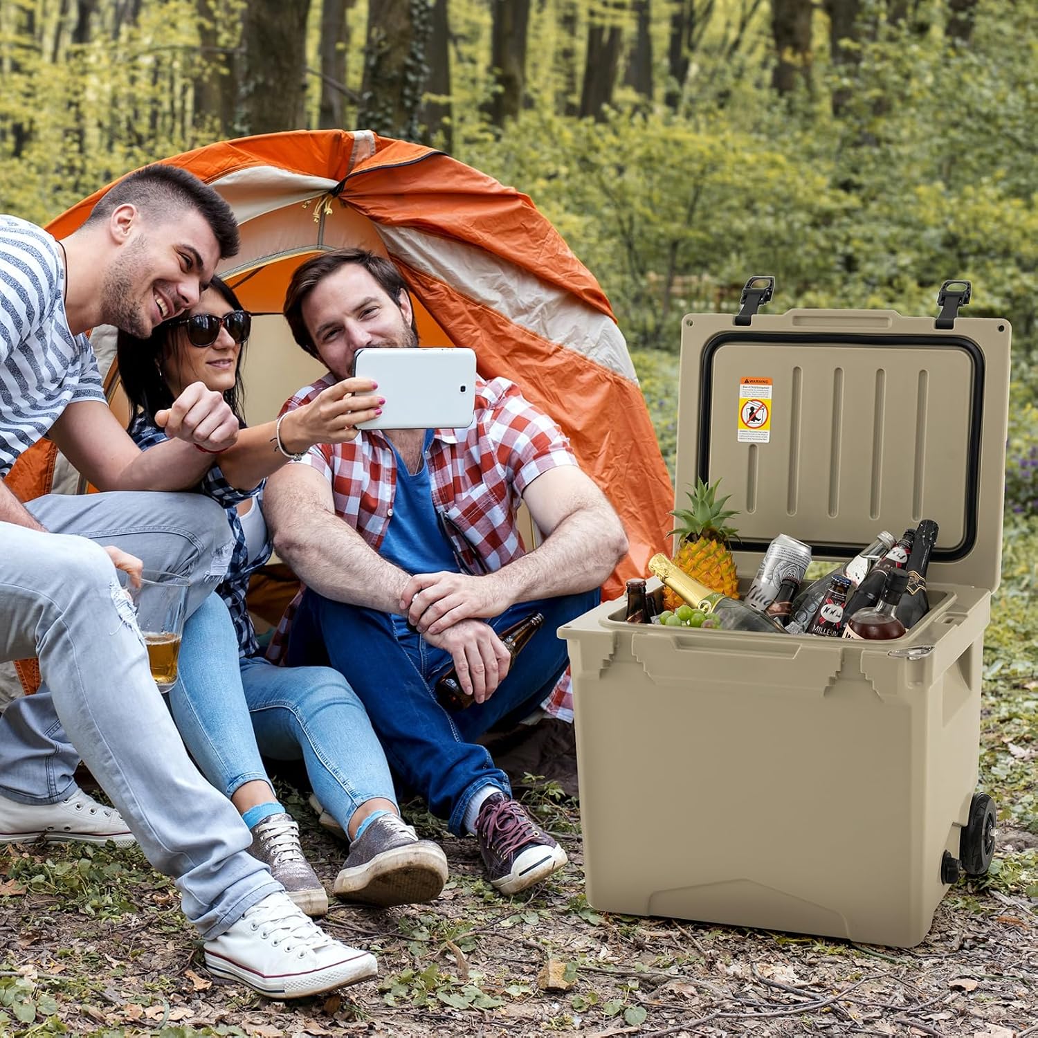 Goplus Cooler with Wheels, Insulated Large Ice Chest with Portable Handles, Cup Holders, Leak-Proof Tight Latches, 5-7-day Ice Retention, Heavy Duty Hard Coolers for Beach Camping Boat