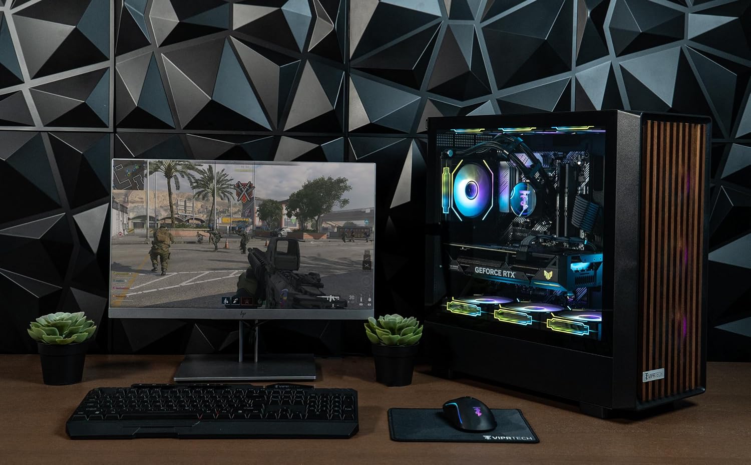 ViprTech Overlord 2.0 Liquid-Cooled PC - AMD Ryzen 7 5700X (4.6Ghz Turbo), AMD RX 9060 XT 16GB, 32GB DDR4 RAM, 1TB SSD, Black Wood Case, RGB Keyboard Mouse, VR-Ready, WiFi BT, Win 11, Computer Tower