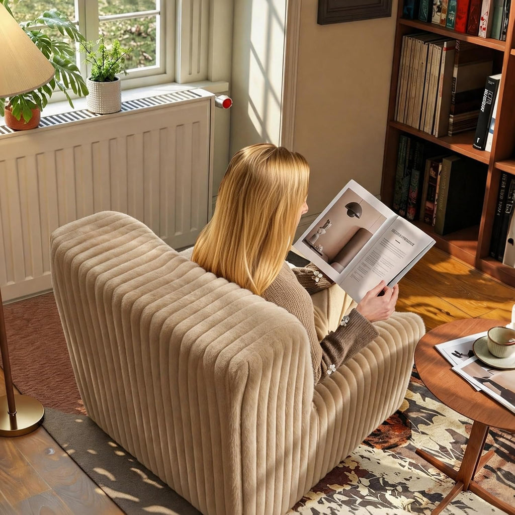 Trenda 32'' Comfy Bedroom Chair for Adult, Boneless Space-Saving Accent Chairs with with Spacious Seating, Soft Faux Fur Cover, Ideal Floor Couch for Living Room,College, Dorm to Reading (Khaki)
