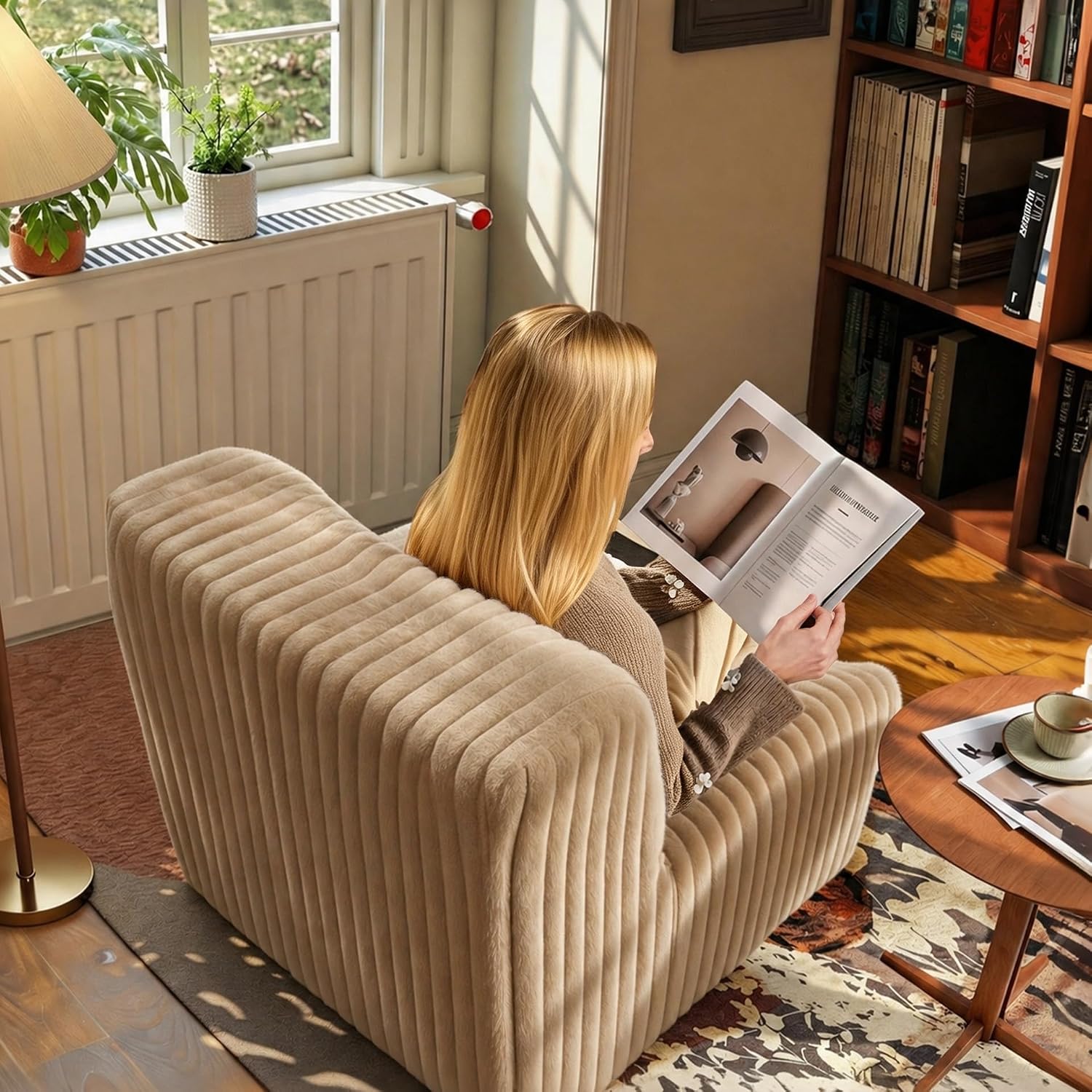 Trenda 32'' Comfy Bedroom Chair for Adult, Boneless Space-Saving Accent Chairs with with Spacious Seating, Soft Faux Fur Cover, Ideal Floor Couch for Living Room,College, Dorm to Reading (Khaki)