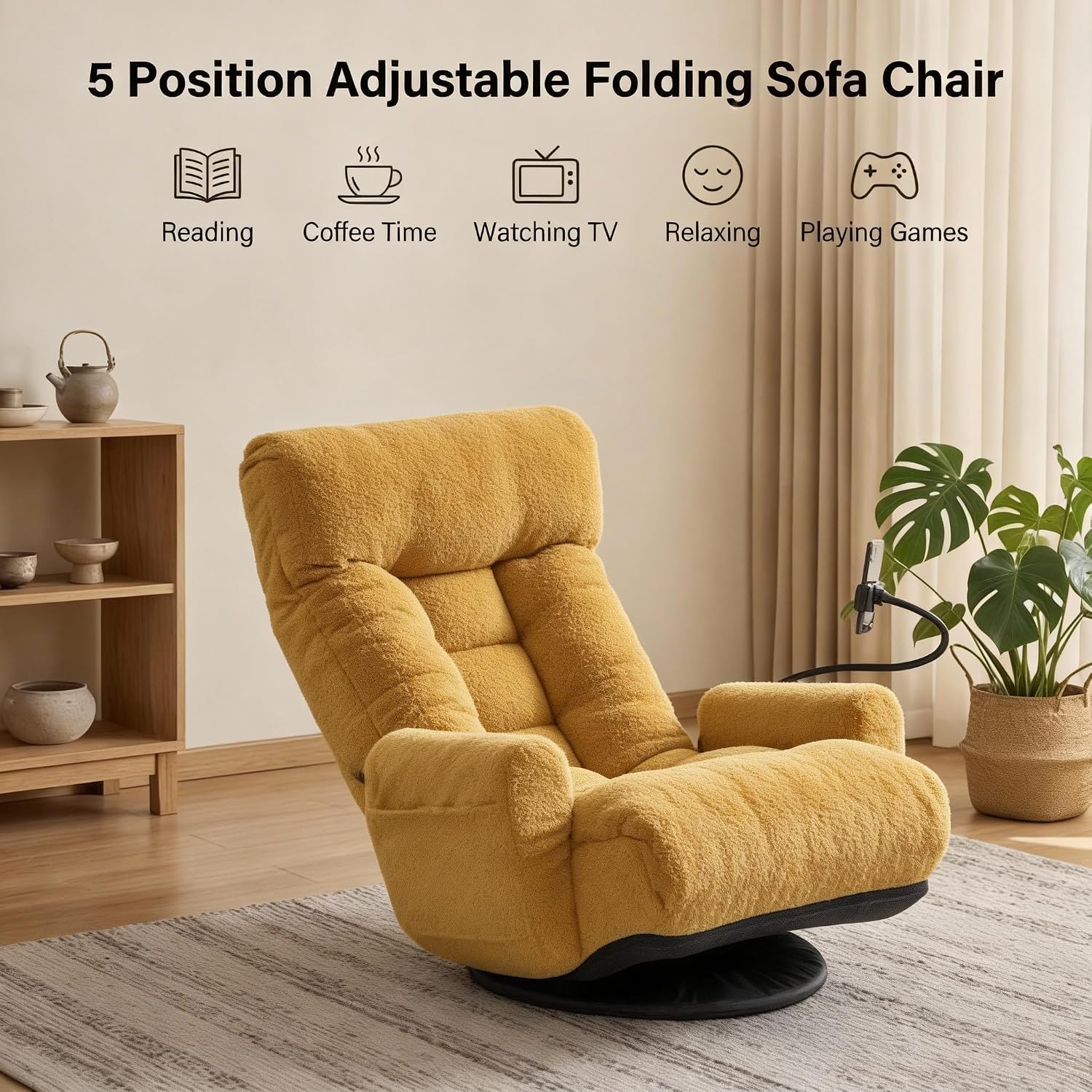 Gaming Chair Floor Sofa, Gaming Lounge Chair with 14-Section Head & 3-Section Waist Adjustment, 360° Swivel & Spring Seat for Gaming, Napping, Reading, Dorm, Small Apartment (Yellow)