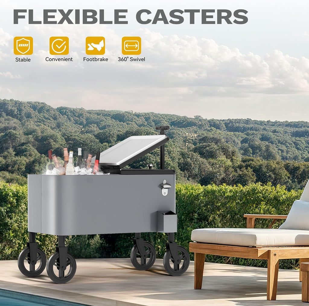 DWVO Ice Chest with Wheels,80 Quart Rolling Cooler with Bottle Opener Drainage, Patio Cooler Cart, Rolling Ice Chest with Handle for Patio Pool Deck Party BBQ Cookouts