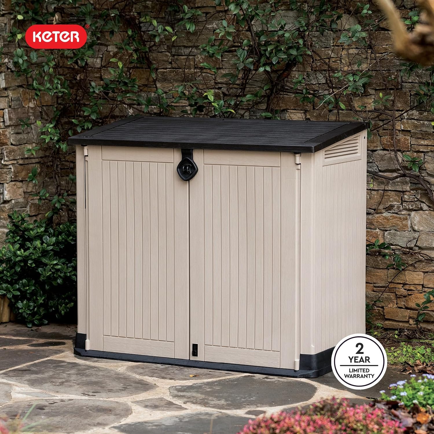 Keter Store-It-Out MIDI Outdoor Resin Storage Shed – Weather-Resistant Horizontal Cabinet for Trash Cans, Garden Tools & Patio Accessories – Lockable, Easy-Lift Lid, 30 Cu. Ft. Capacity, Beige