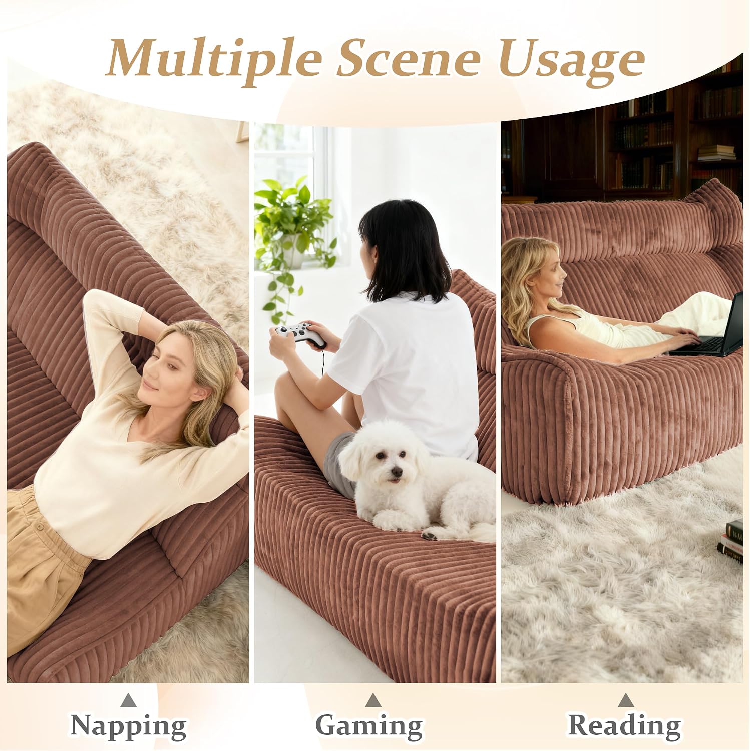 Bean Bag Chairs for Adults, Giant Bean Bag Chairs, Memory Foam Lounge Chair, Comfy Lazy Floor Chair, Bean Bag Sofa for Living Room, Bedroom and Office, Loveseat Bean Bag (Brown)