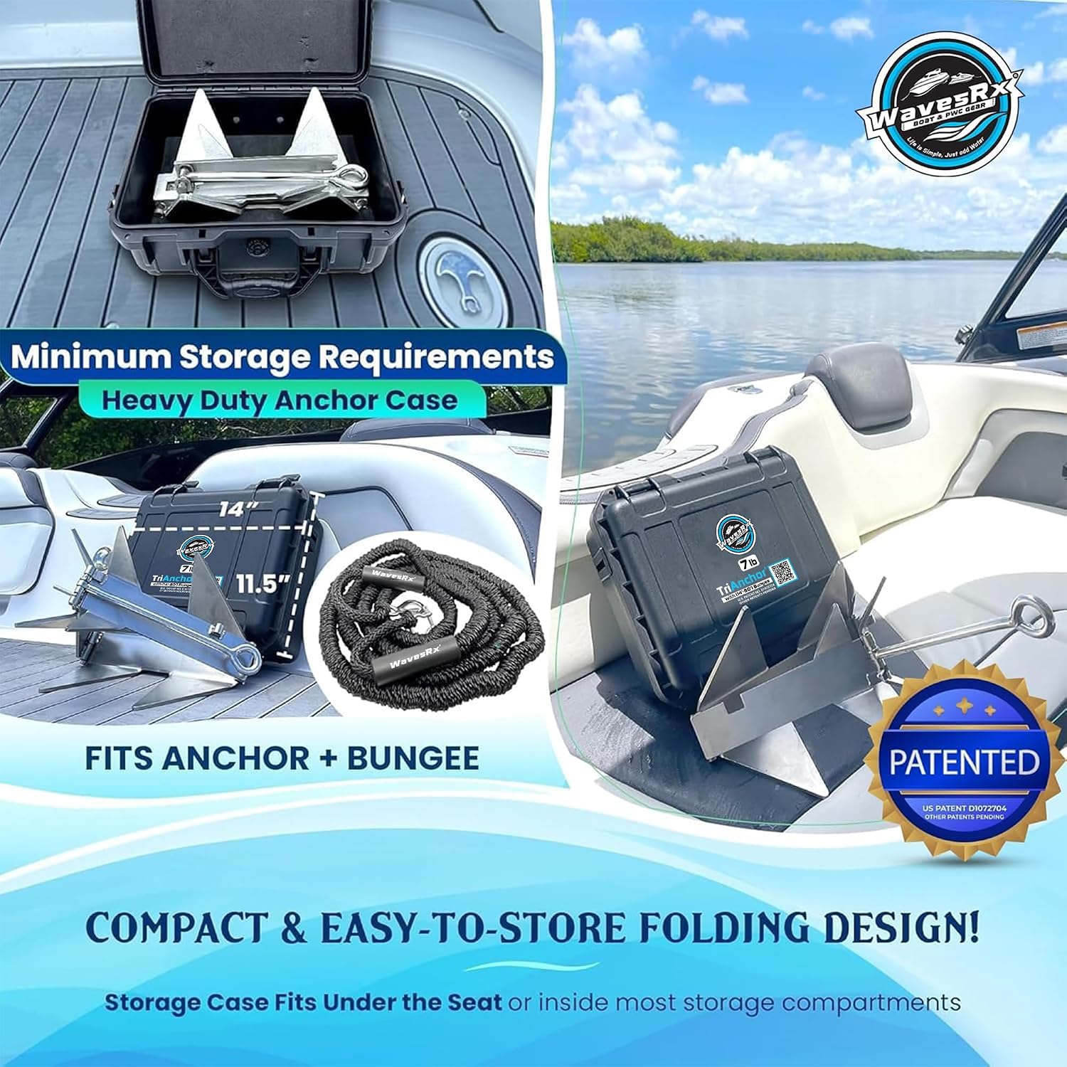 WAVESRX TriAnchor - Stainless Steel Folding PWC & Boat Anchor | Sets Instantly for Effortless Boat & Jet Ski Anchoring | Compact Patent-Pending Design Grips Better Than Plow, Fluke or Box Anchor