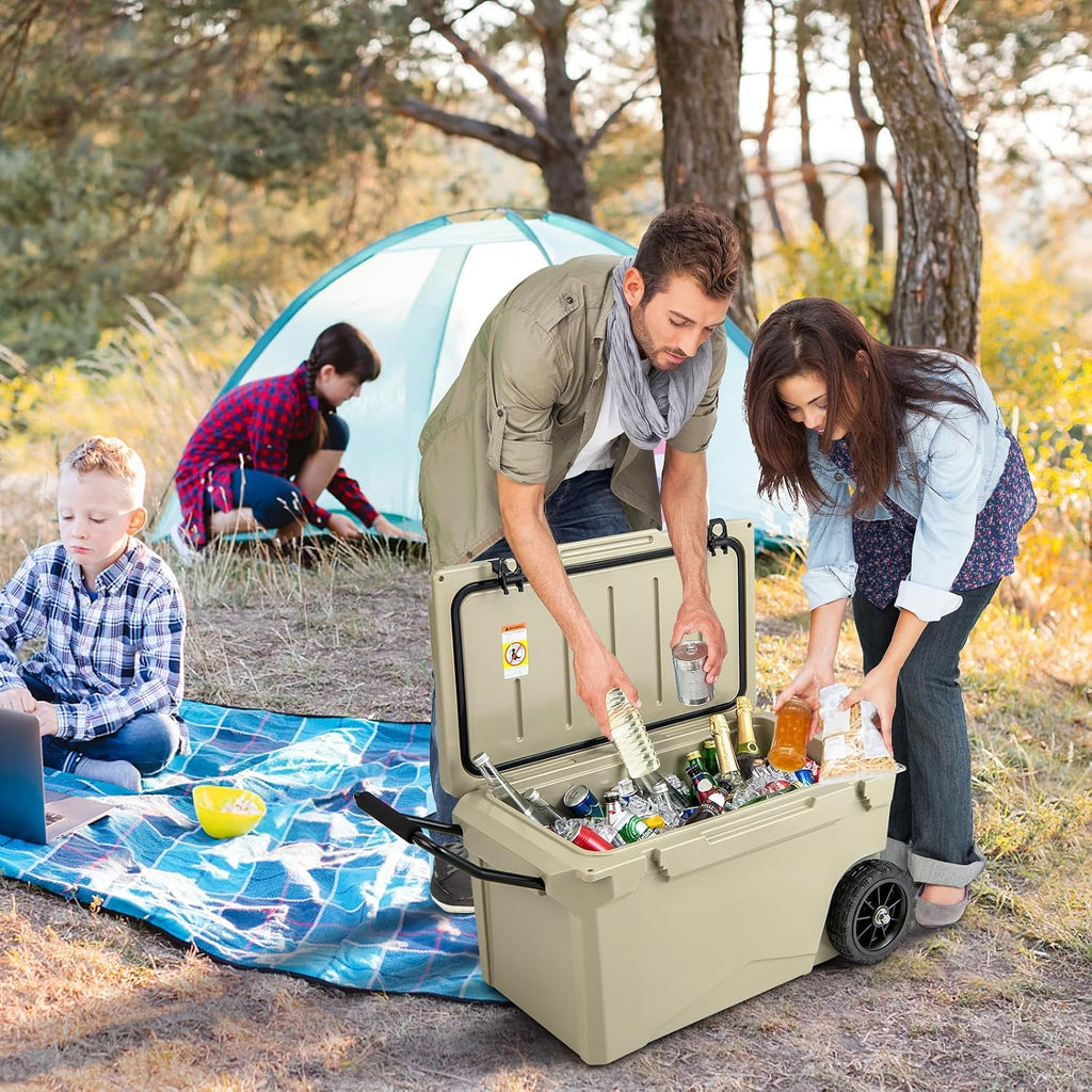 Goplus Cooler with Wheels, Insulated Large Ice Chest with Portable Handles, Cup Holders, Leak-Proof Tight Latches, 5-7-day Ice Retention, Heavy Duty Hard Coolers for Beach Camping Boat