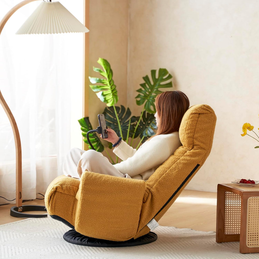 Lounge Sofa Chair with Side Pocket Armrests & Phone Holder. Gaming Chair for TV, Reading,Video,Games.Indoor Floor Chaise in Livingroom, Bedroom.Adjustable Foldable Backres&360° Swivel (Yellow)