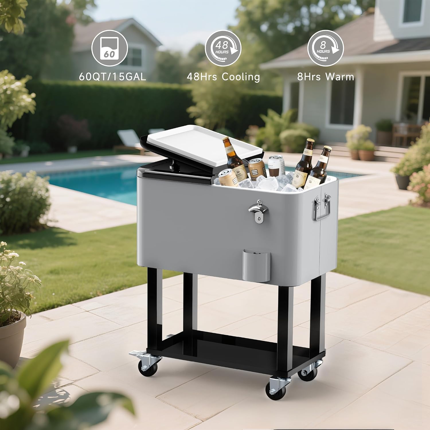 Ice Chest with Wheels, 60 Quart Portable Rolling Cooler with Bottle Opener & Cap Collector & Bottom Storage Tray for Patio Party & BBQ & Beach Activities