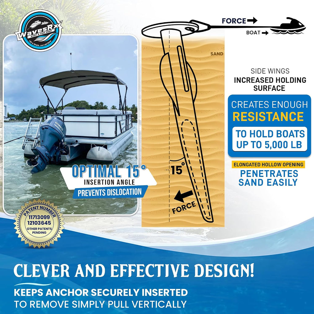 WAVESRX Patented Aluminum Spike Beach Anchor | Ultra-Light PWC, Jet Ski & Sand Anchor for Boat, Pontoon & Kayak Secure Anchoring Near Shore