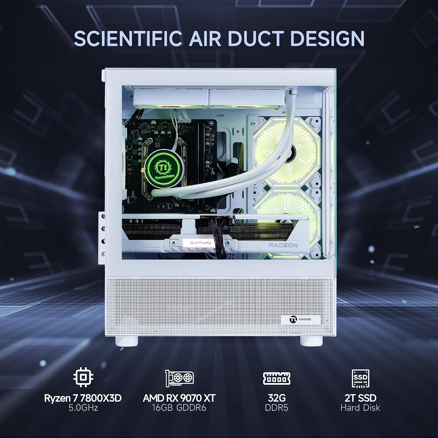 NINGMEI Gaming PC Desktop, AMD Ryzen 7 7800X3D 8 core 4.2GHz(up to 5.0GHz), AMD Radeon RX 9070 XT 16GB, 32GB DDR5 RAM 6000MHz, 2TB NVME SSD, 850W Gold PSU, Windows 11 Home 64-bit, White