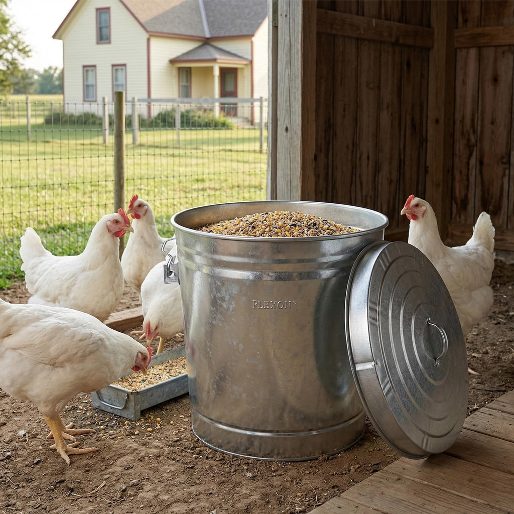 Plexon 6 Gallon Small Metal Trash Can with Locking Lid Galvanized Metal Bucket for Poultry Feed Bird Seed Storage Ash Outside Garbage Can with Lid, 3 Pack