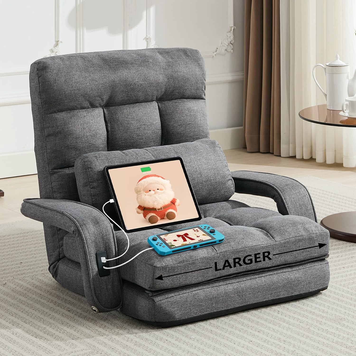 STHOUYN Comfy Floor Chair Bedroom 2 USB Charging Ports, 5-Position Couch Gaming Lounge Chairs Adults, Indoor Folding Lazy Sofa Meditation Arm Dorm Chair Living Room (Grey)