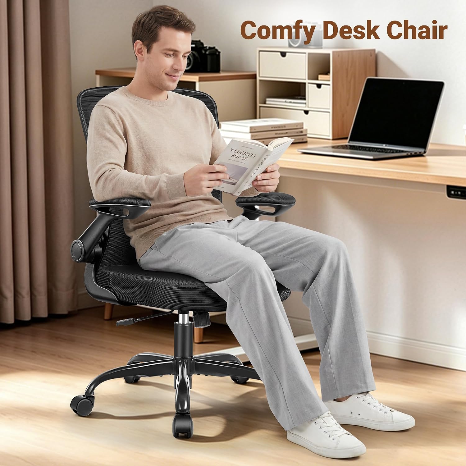 BESTFAIR Ergonomic Office Chair, Mesh Computer Desk Chairs with Lumbar Support, Swivel Desk Chair with Flip-up Arms and Adjustable Height, Black, 2-Pack