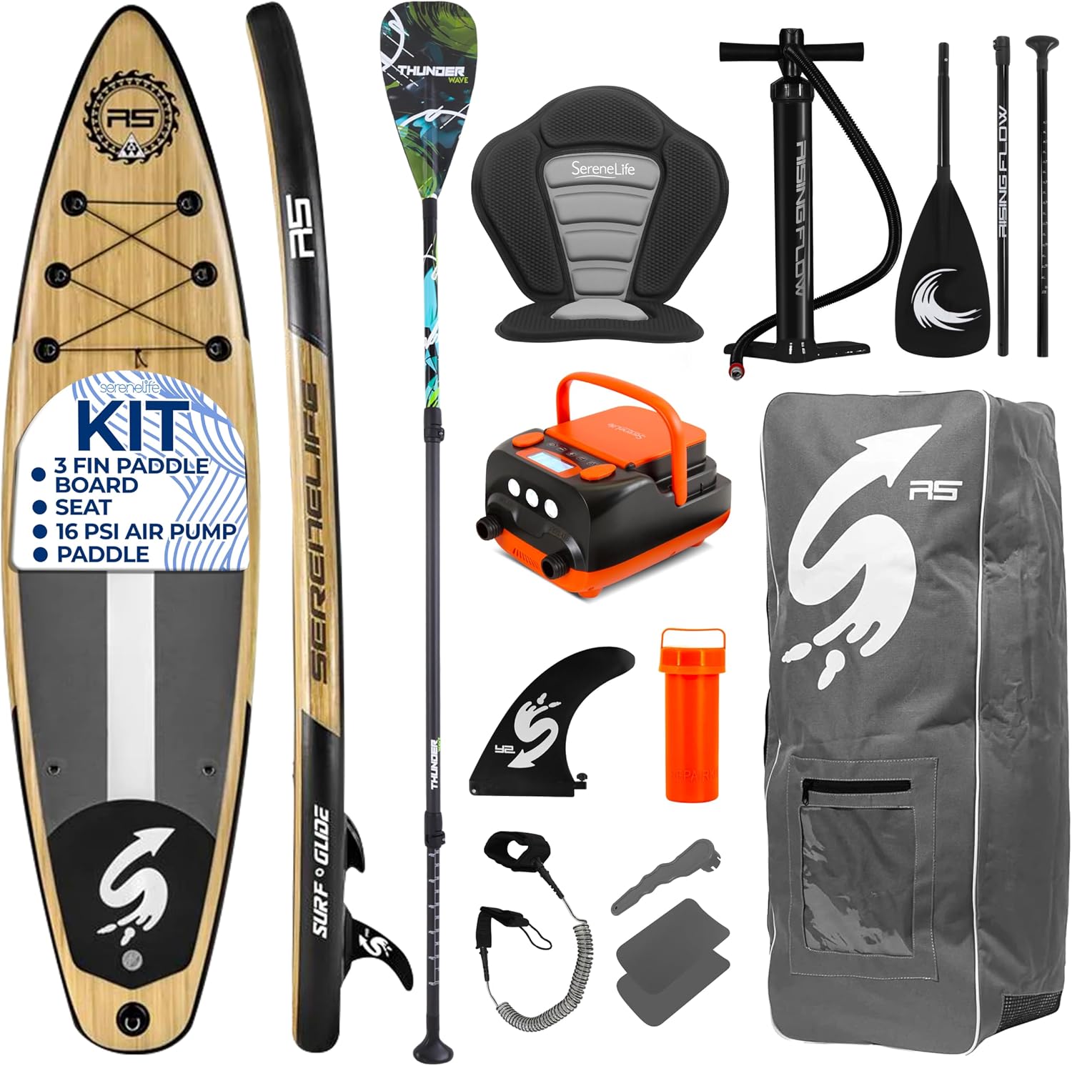 SereneLife Inflatable Stand Up Paddle Board Set - SUP with 32' Wide Stable Design, Includes Detachable Seat, 3-Shaft Paddle, Electric Paddle Board Pump, Non-Slip EVA Deck - 350 lbs Capacity
