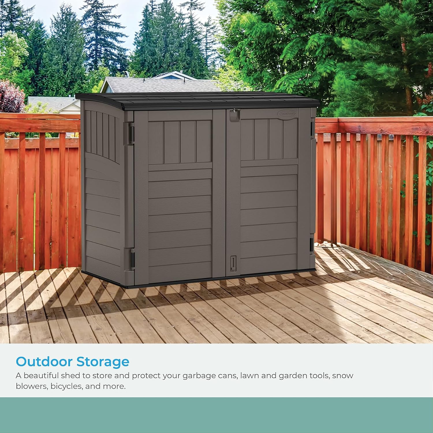 Suncast Modernist 4' x 2.5' Lockable Outdoor Garden Resin Low Profile Horizontal Storage Shed with 3 Doors, 34 Cubic Feet, Gray & 54 cu. ft Resin Vertical Lockable Storage Shed, Stoney, BMS5700SB