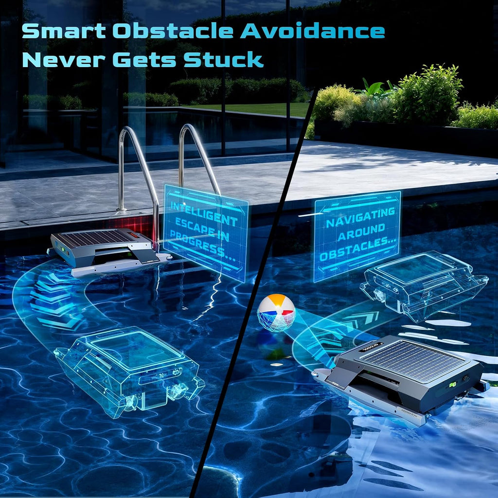 Robotic Solar Pool Skimmer – Automatic One-Button Start, Solar & DC Charging, 72H Runtime (+40% Longer), Smart Anti-Stuck, Triple Motors, 6.5L Basket, UV-Resistant