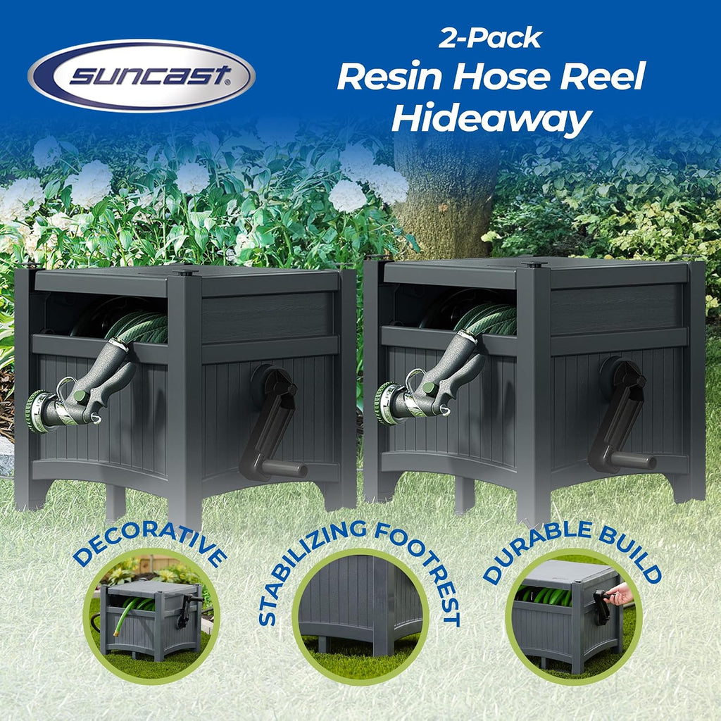 Suncast 2 Pack Hideaway Garden Hose Reel, Holds 100' of 5/8' Standard Vinyl Hose, Cyberspace Grey