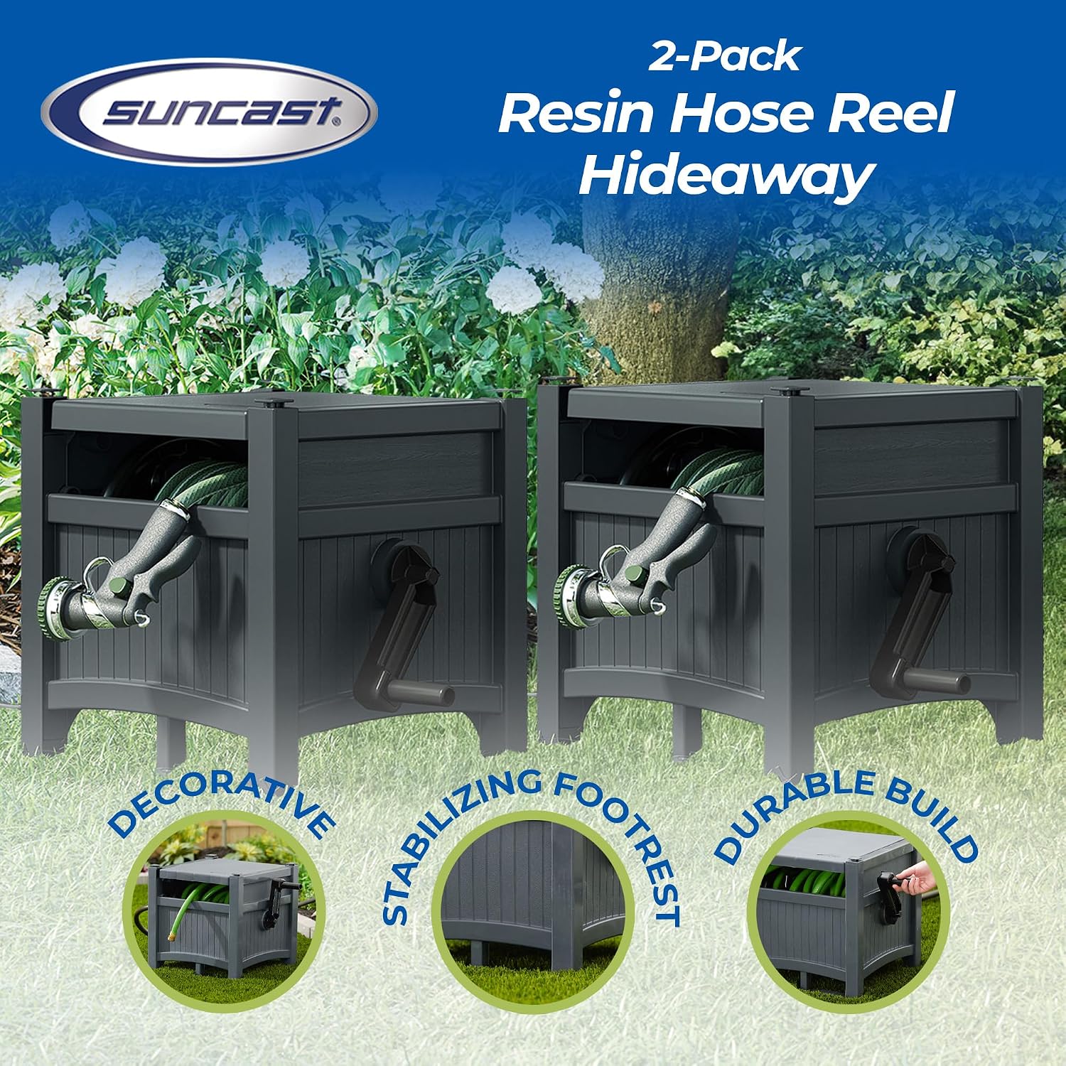 Suncast 2 Pack Hideaway Garden Hose Reel, Holds 100' of 5/8' Standard Vinyl Hose, Cyberspace Grey