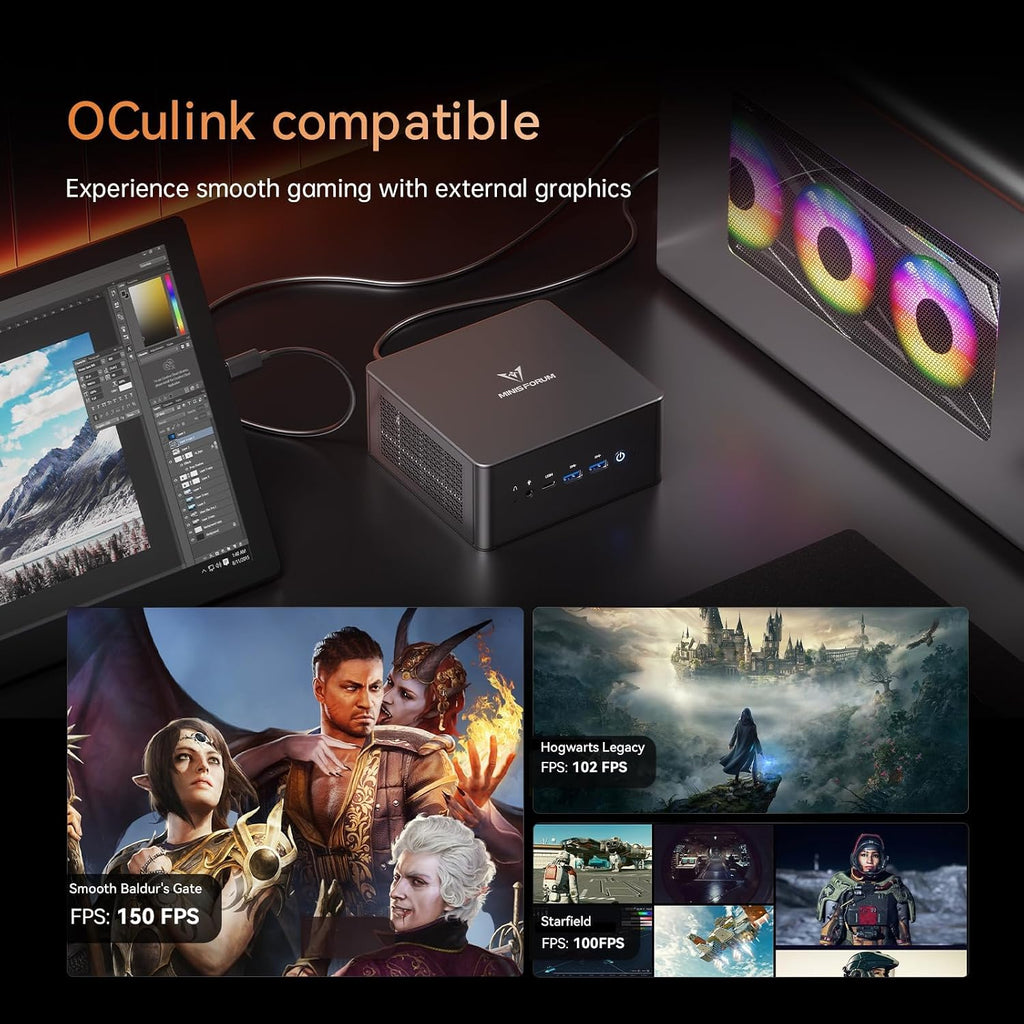 MINISFORUM DeskMimi Mini PC, Ryzen 9 8945HS 5.2GHz, 32GB DDR5 5600MHz + 1TB PCIe 4.0 SSD, Radeon 780M, Quad 4K Display(HDMI/DP1.4/USB4 х 2), Dual 2.5G LAN Mini Desktop Computer