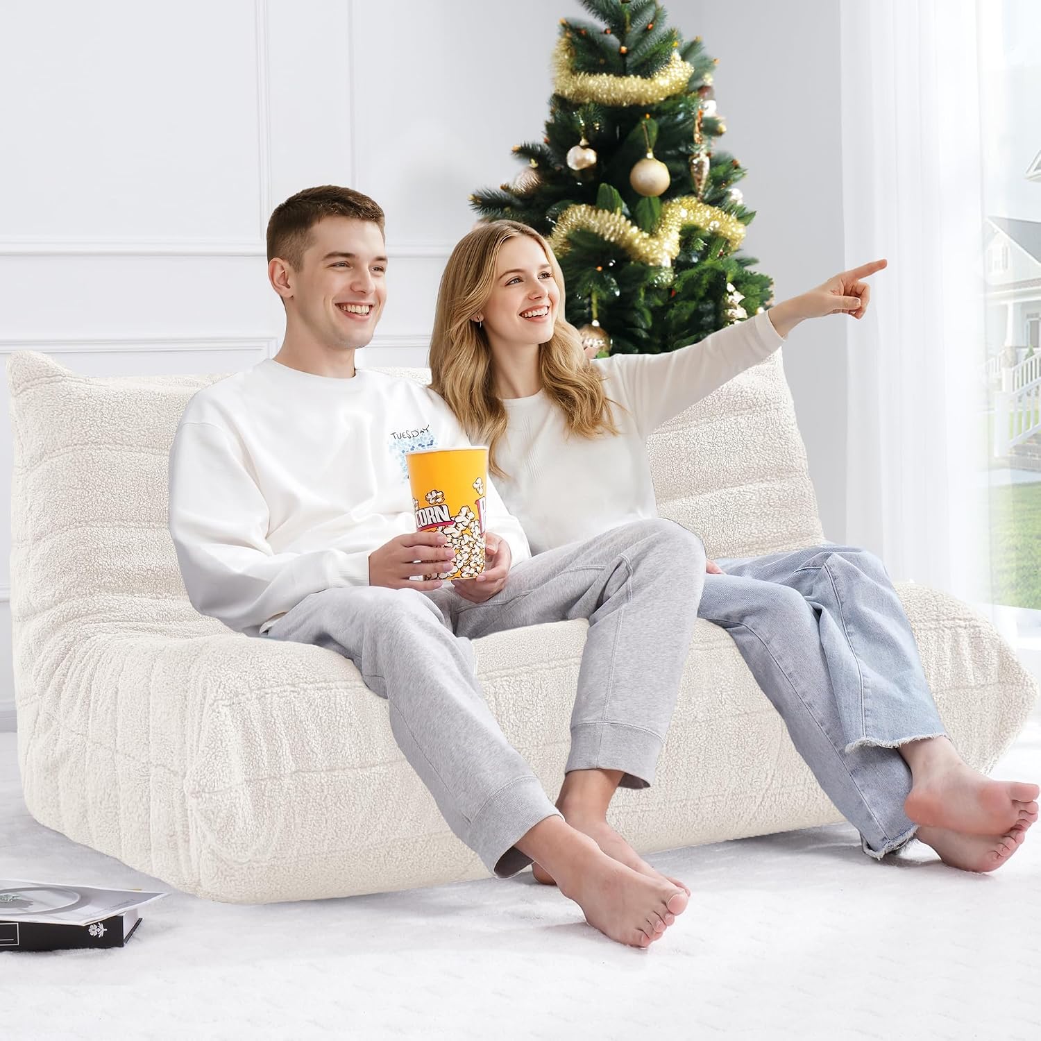 Bean Bag Loveseat Chair Big Sofa Beanbag Chair for Adults Fireside Chair Bean Bag Lounger with Memory Foam Filled for Home,Apartment or Gaming Venue（Beige Teddy）