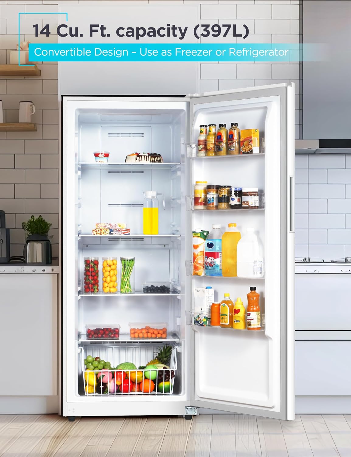 BLACK+DECKER 14 Cu. Ft. Convertible Freezer Refrigerator, Upright Freezer with Glass Shelves, ENERGY STAR rated, Frost Free, BUC1400XW, White