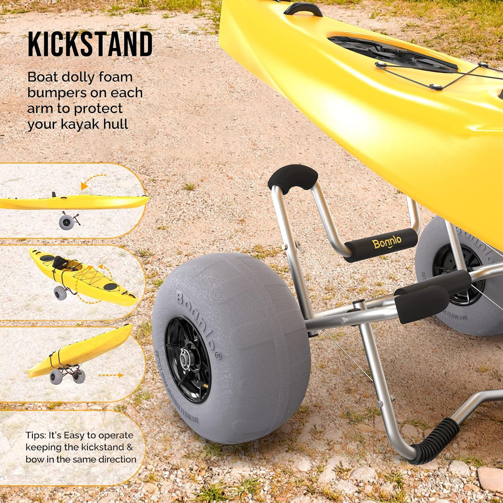 Bonnlo Kayak Cart Trolley Canoe Paddle Board Boat Cart Carrier Dolly with 12' Big Beach Wheels Balloon Kayak Transport Wheels Cart Foldable, Free Pump, 2 Ratchet Straps- Perfect for Soft Sand