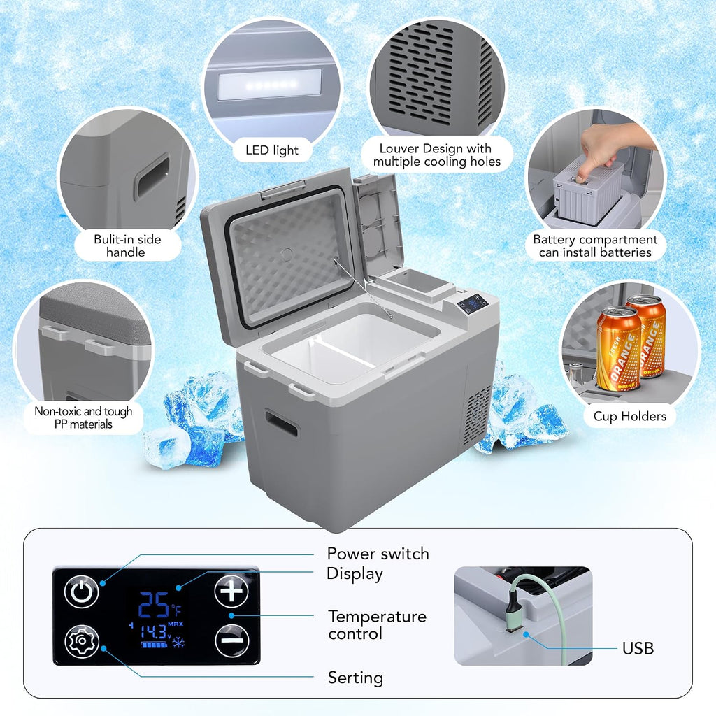 12 Volt Refrigerator 12V Car Fridge 23 Quart Portable Freezer Compressor Cooler, 12/24V DC & 110~240V AC, for Truck Van RV Camper SUV, -8℉~50℉, Ideal for Travel Camping Road Trips Tailgating