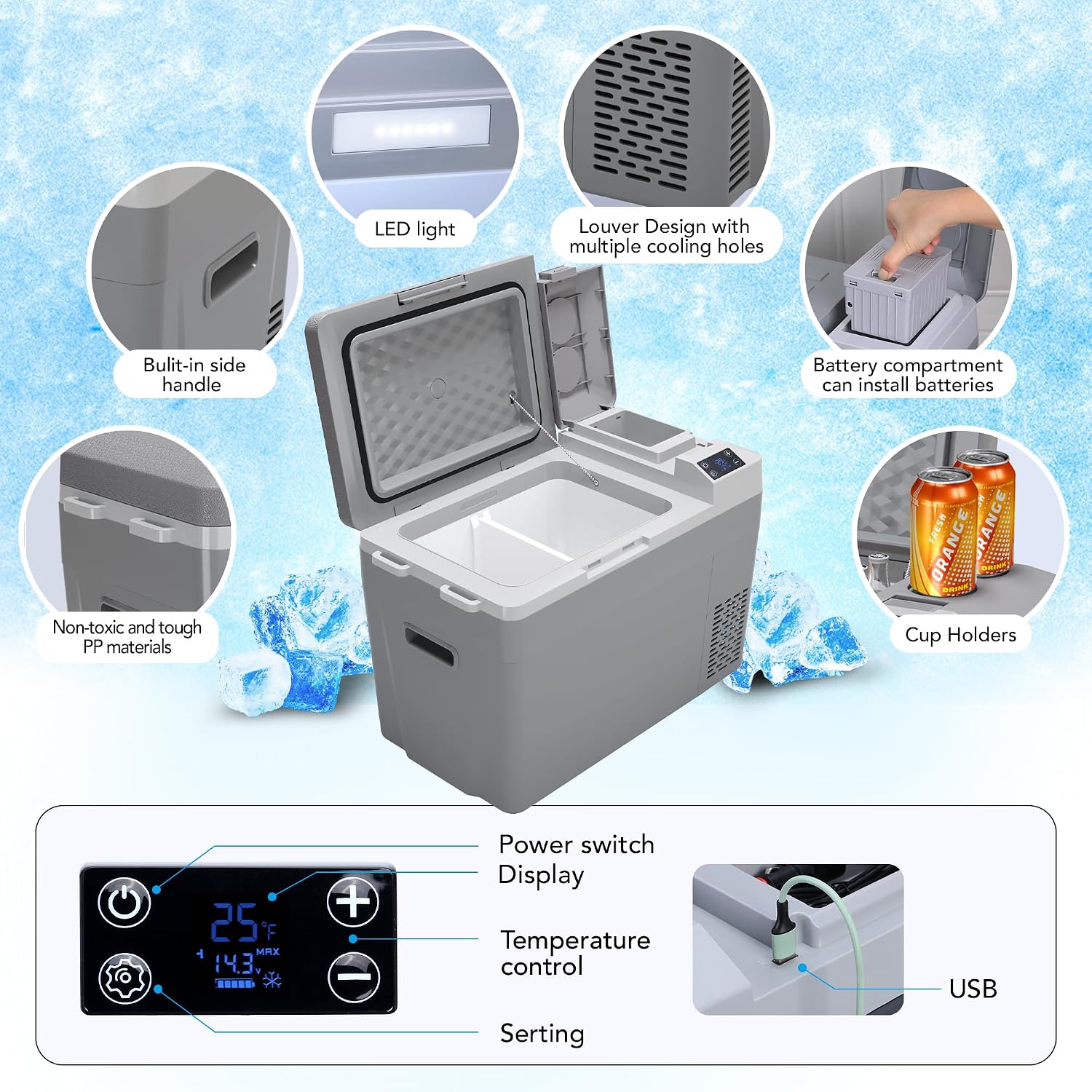 12 Volt Refrigerator 12V Car Fridge 23 Quart Portable Freezer Compressor Cooler, 12/24V DC & 110~240V AC, for Truck Van RV Camper SUV, -8℉~50℉, Ideal for Travel Camping Road Trips Tailgating