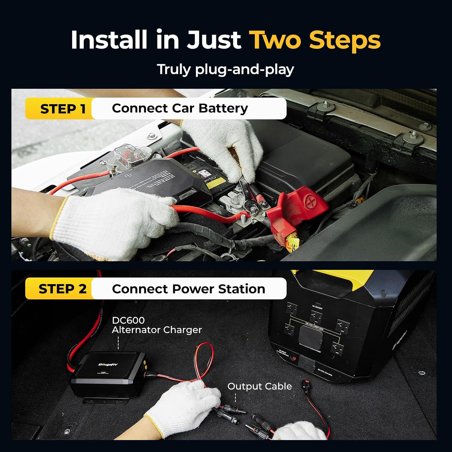 BougeRV 600W DC-DC Alternator Charger for Portable Power Stations, 12V/24V Charger, 6X Faster Than Cigarette Charger, Compatible with 99% Solar Generators, Perfect for RV, Overlanding, Road Trips