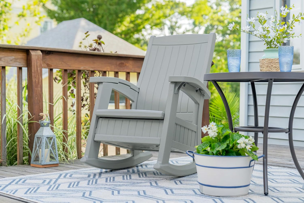 Suncast Outdoor Patio Rocking Chair with Under-Seat Storage, Stylish Faux Wood Outdoor Rocker for Patios, Dove Gray, Made in The USA