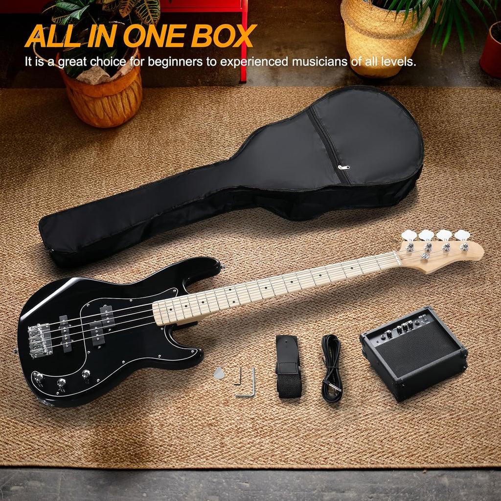 Ktaxon 4 String Bass Guitar Full Size Electric Bass Guitar Starter Kit with 20W AMP, Portable Gip Bag, Premium Cable, Adjustable Strap, Picks and Wrench, Gift For Music Lover(Set-Black)