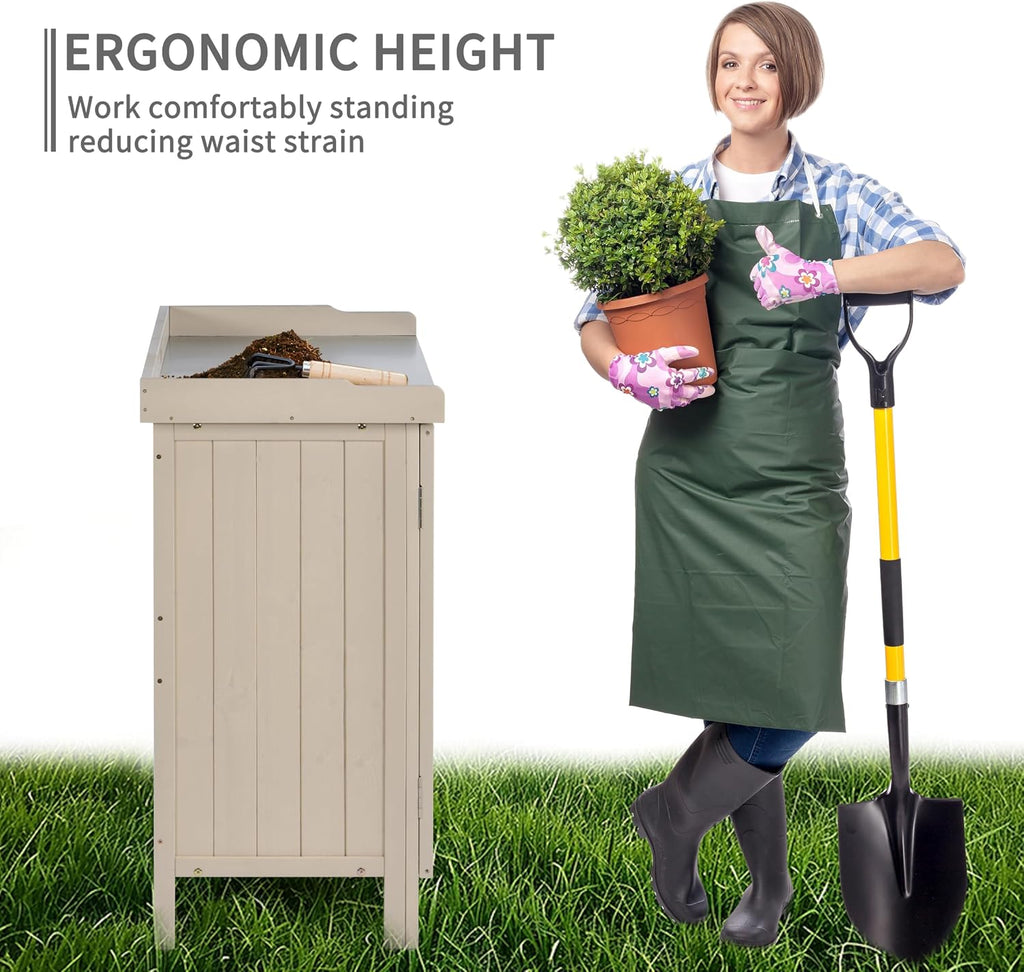 HABAU Outdoor Storage Cabinet with Potting Bench & Metal Tabletop, Wooden Planting Workstation for Garden Patio, Weatherproof