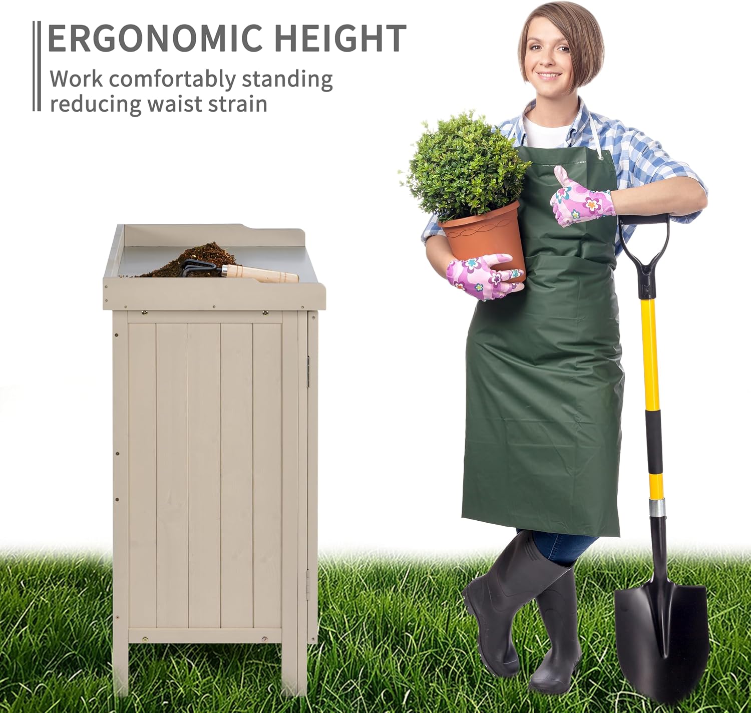 HABAU Outdoor Storage Cabinet with Potting Bench & Metal Tabletop, Wooden Planting Workstation for Garden Patio, Weatherproof