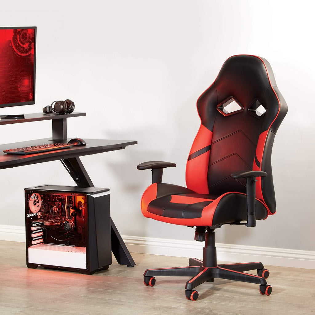 OSP Home Furnishings Vapor Ergonomic Adjustable High Back Faux Leather Gaming Chair with Coil Spring Seat and Integrated Cooling Airflow, Red Accents