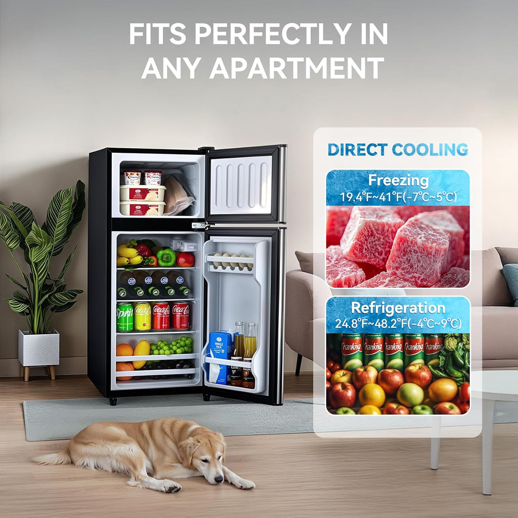 Anypro 4.0 Cu.Ft Fridge with Freezer, Double Door Refrigerator with 6 Level Thermostat, LED Light, Adjustable Glass Shelves for Bedroom, Office, Dorm, Apartment, Silver
