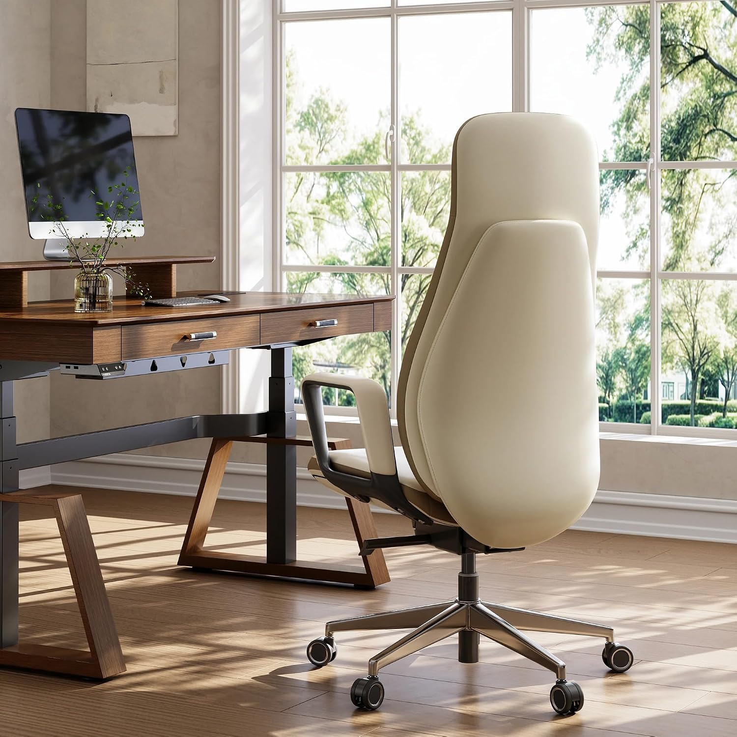 EUREKA ERGONOMIC Alto Leather Desk Chair, Silicone Leather Office Chair with Wheels, High Back Office Chair, Executive Office Chair Comfy for Home & Office, Off-White