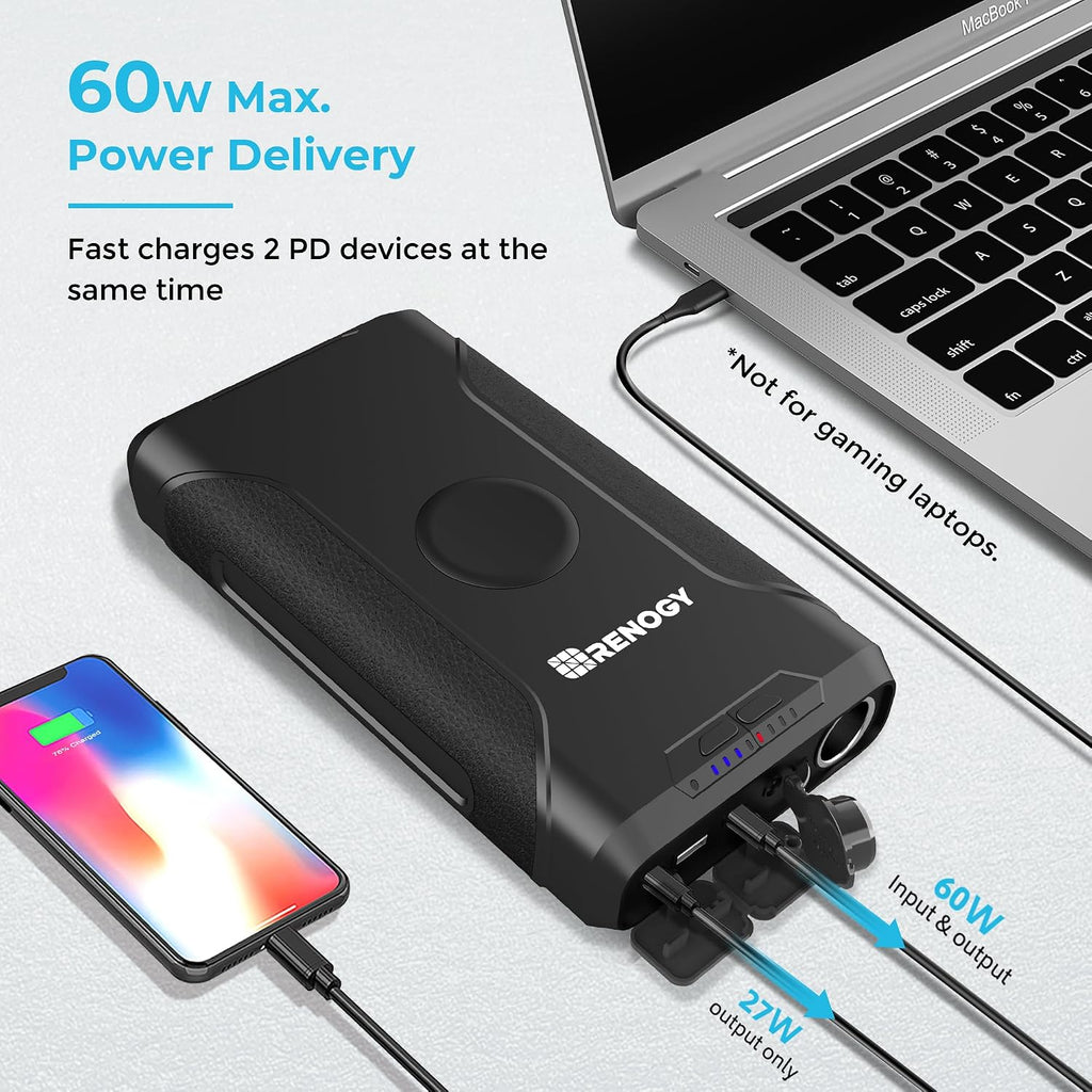 Renogy 72000mAh 266Wh 12v Power Bank with 60W PD, CPAP Battery for Camping, High Capacity Large Camping Power Bank with USB-C DC Wireless Charging & Flashlight, Backup Power Supply for Starlink Mini