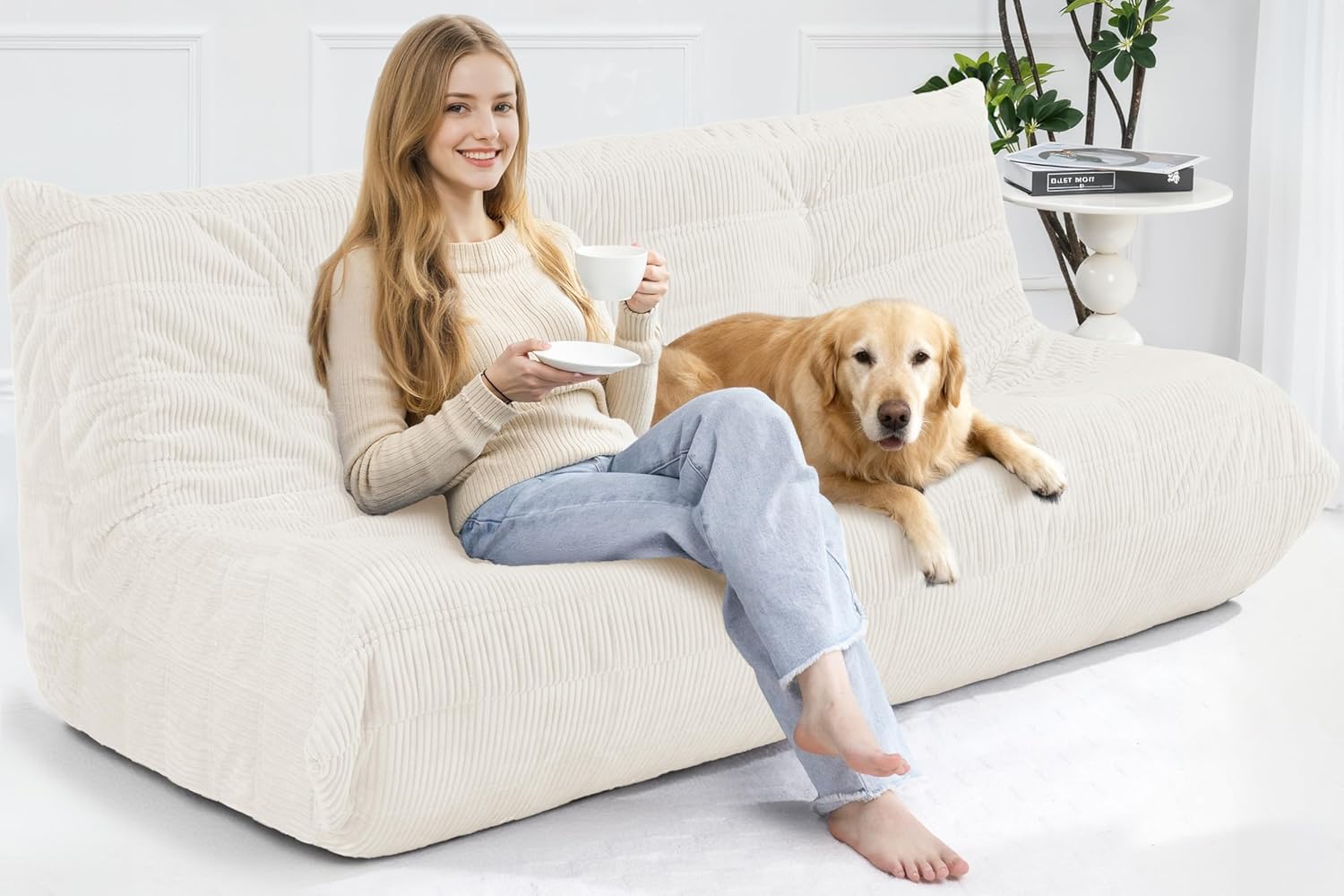 Bean Bag Chair,Giant Beanbag Chairs for Adults,Comfy Large Fireside Chair Lazy Sofa,Corduroy Bean Bag Lounger with Memory Foam Filled,Floor Sofa Couch for Home,Living Room (Beige, 3-Seater)
