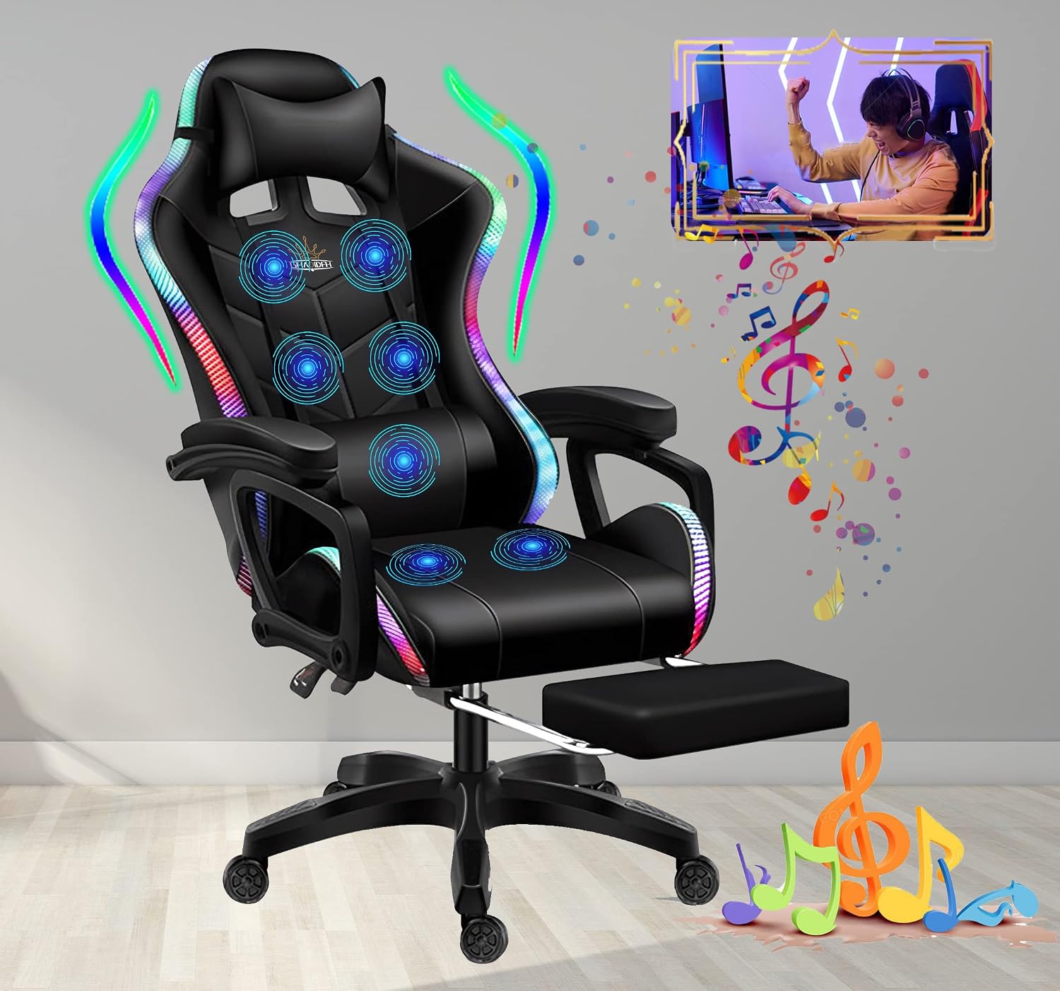 7-Point Massage Gaming Chair with RGB Lighting and Speakers,Ergonomic Gaming Chair with footrest and Headrest and Lumbar Pillow Video Game Chairs,Adults High Back Gaming Chair,Black