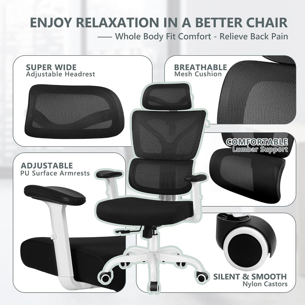 Winrise Office & Gaming Chair, High Back Ergonomic Reclining Desk Chair, Big & Tall, Comfy Home Office, Breathable Mesh, Adjustable Armrests (White)