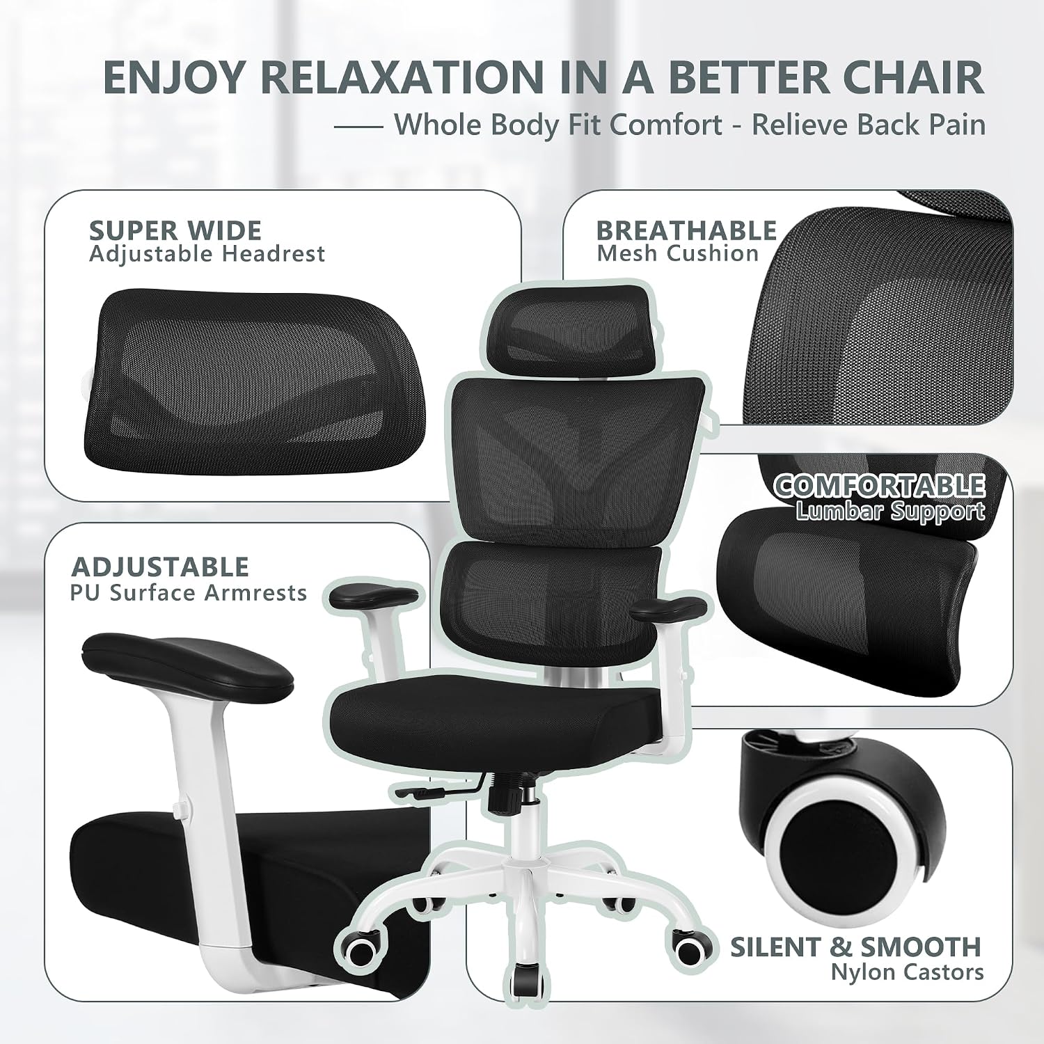 Winrise Office & Gaming Chair, High Back Ergonomic Reclining Desk Chair, Big & Tall, Comfy Home Office, Breathable Mesh, Adjustable Armrests (White)