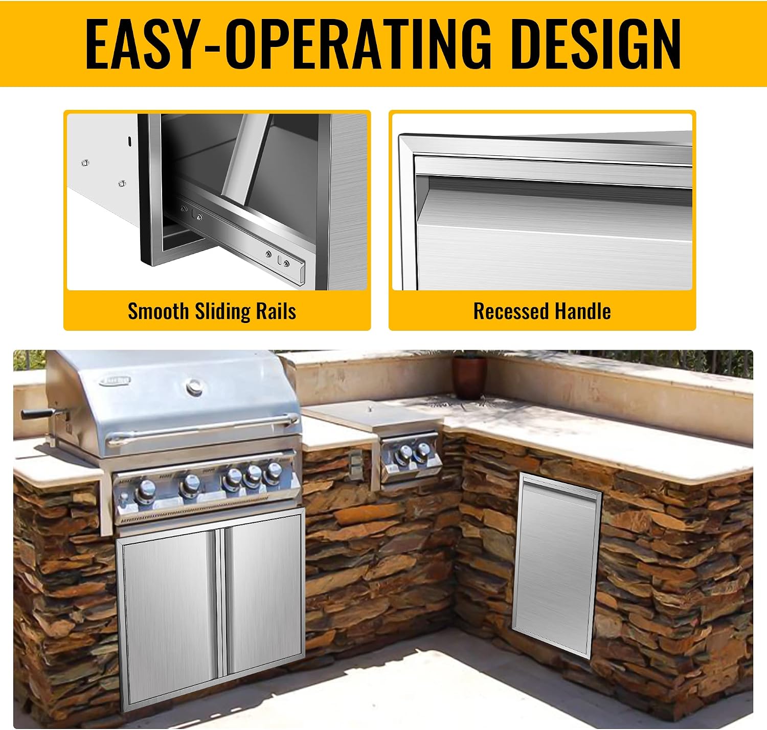 Built-in Single Trash Drawer 14' W x 27' H x 20' D, Pull-Out Tray Outdoor Kitchen Stainless Steel Trash Drawer Storage One Trash Bin for BBQ Island Grill Station