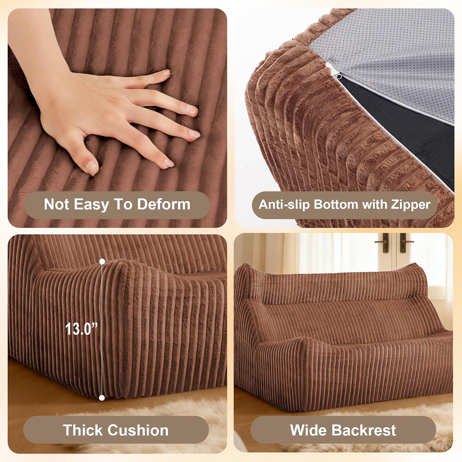 Bean Bag Chairs for Adults, Giant Bean Bag Chairs, Memory Foam Lounge Chair, Comfy Lazy Floor Chair, Bean Bag Sofa for Living Room, Bedroom and Office, Loveseat Bean Bag (Brown)