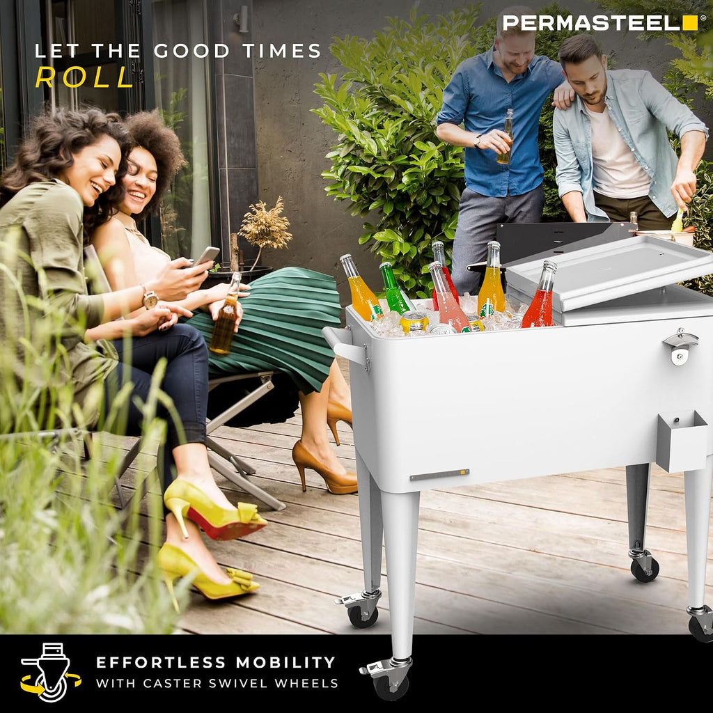 Permasteel 80-Qt Large Outdoor Patio Cooler with Wheels & Handles, Portable Rolling Hard Cooler for Outside, Retro Ice Cooler Cart, Beverage Can Coolers for Backyard Parties