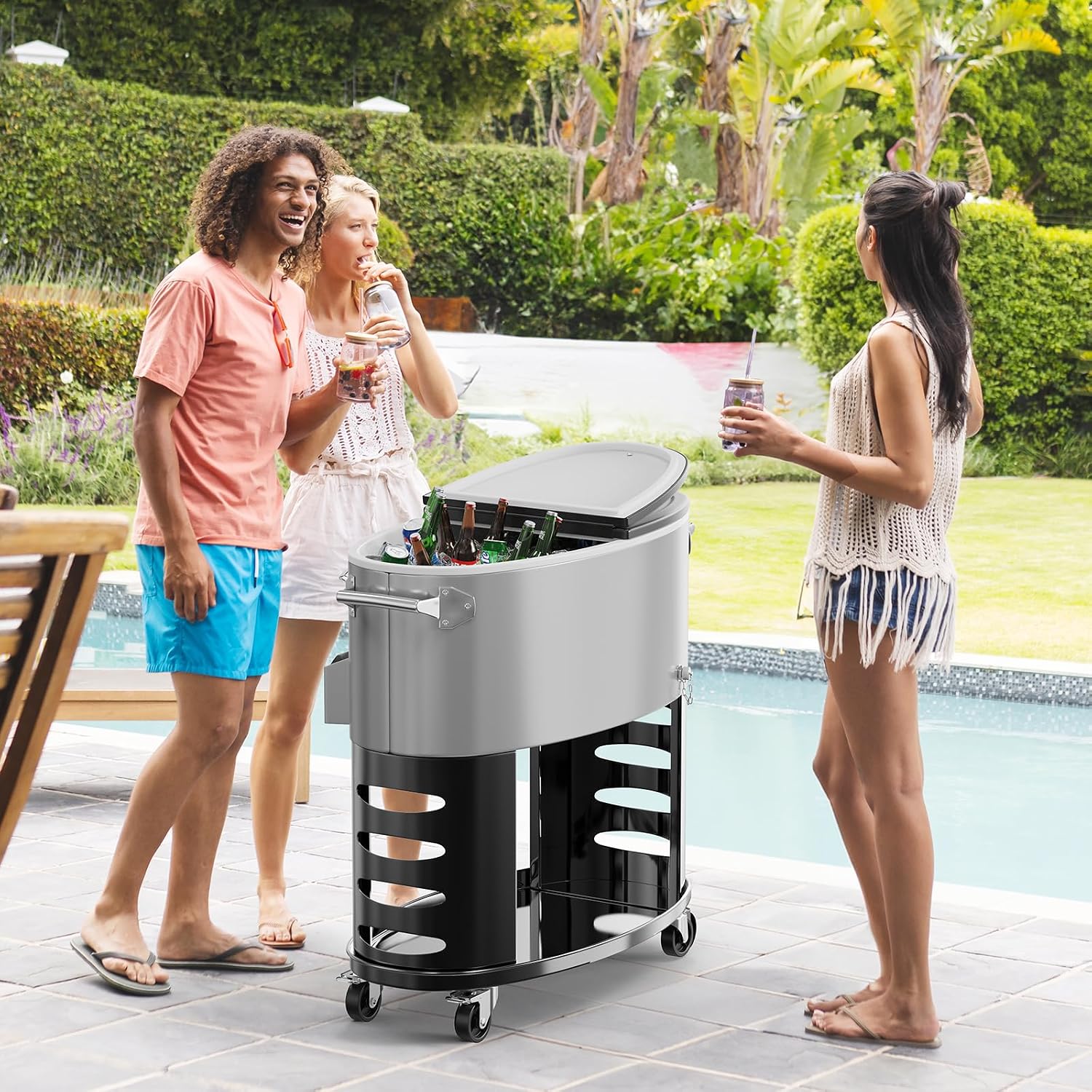 VINGLI Patio Cooler, Rolling Ice Chest on Wheels, Portable Patio Party Bar Drink Cooler Cart, with Shelf, Beverage Pool with Bottle Opener,Water Pipe